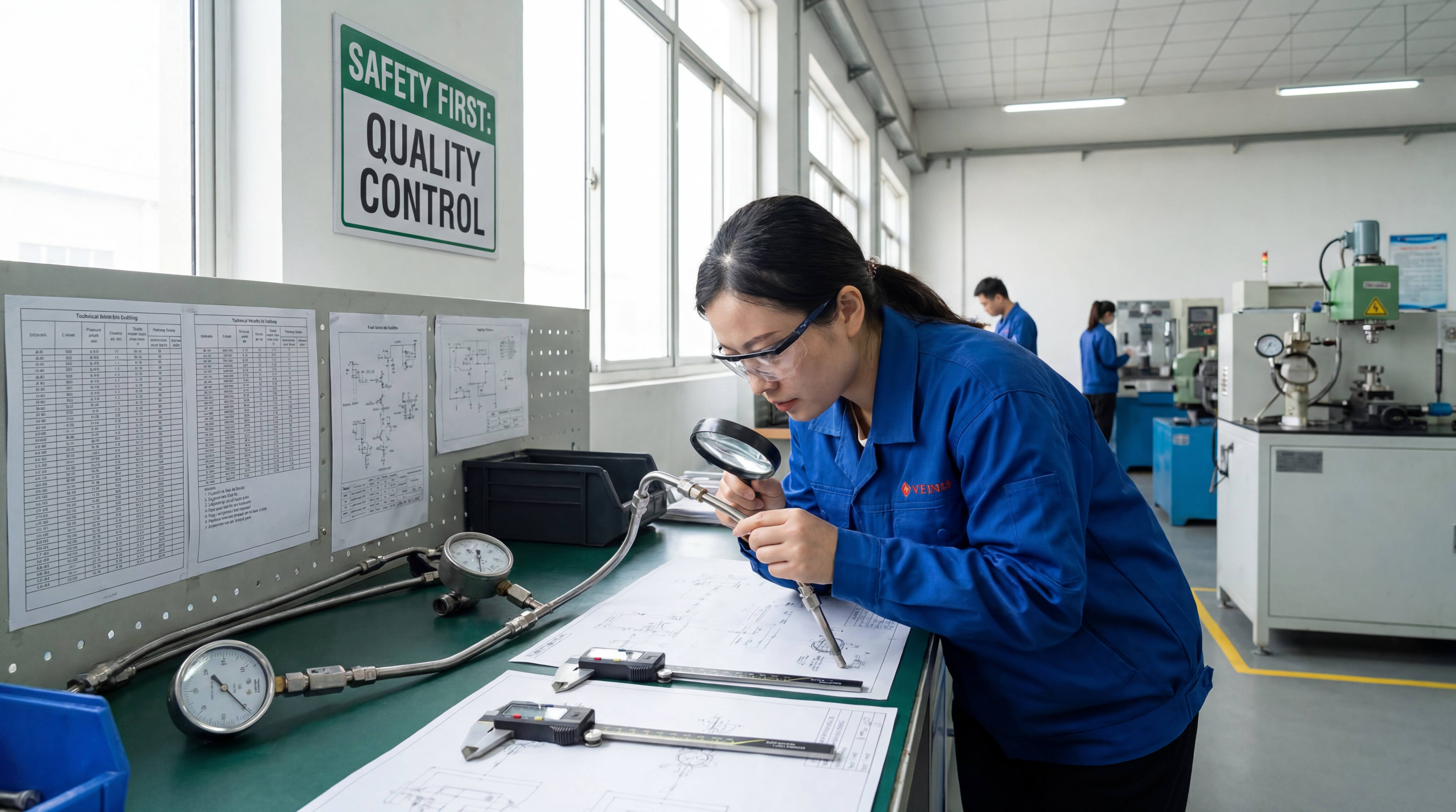 Fuel line supplier quality control inspection with technician checking formed tube assembly, drawings, gauges and inspection standards